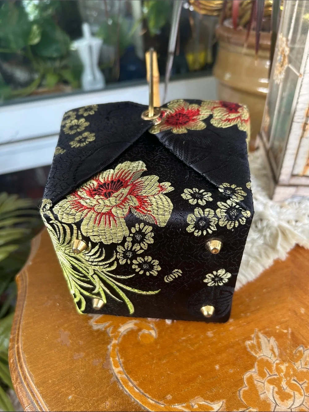 Vintage Chinese Takeout Bag w Bamboo & Brass Handle